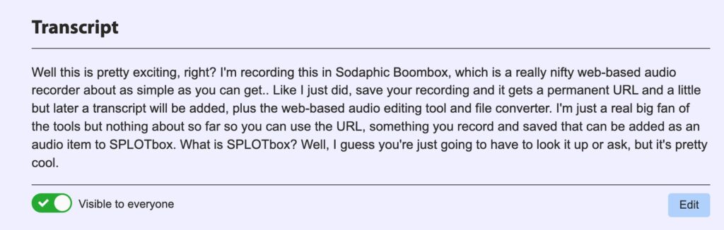 Showing the transcript Sodaphonic added to me recording.