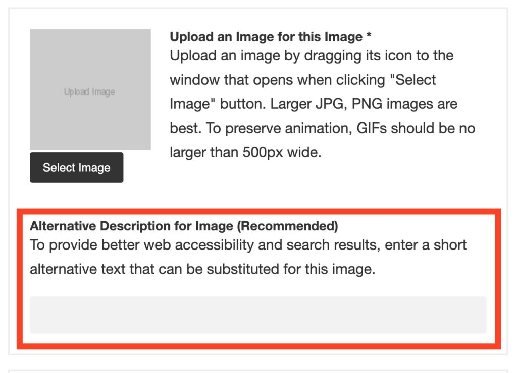 Screenshot showing the form used on this site to share images, with the new field highlighted for entering image descriptions.