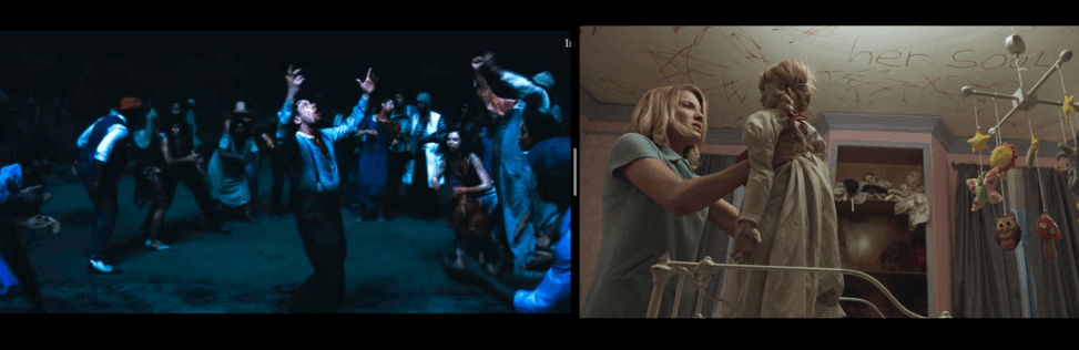 In this scene, Mia holds the Annabelle doll in her arms while standing in her baby’s nursery. The room around her has been violently marked with red symbols, and the words “her soul” are scrawled across the ceiling. The crib mobile hangs in the foreground, still and unsettling, adding to the sense that something innocent has been invaded. This moment is the film’s major turning point—Mia realizes that the force haunting her is not just unpredictable but directly threatening her child. The horror becomes personal and inescapable, and the supernatural threat finally reveals its full intention. This screen grab captures the moment when the main character becomes trapped in the middle of a chaotic crowd. The frame is tightly packed with bodies, noise, and movement, visually overwhelming him as he tries to escape. The panic on his face shows that he’s no longer able to run from the consequences of what he’s done. This is the film’s pivotal shift—his inner guilt and fear finally spill outward into the physical world. The crowd becomes a symbol of everything closing in on him, forcing him to confront the truth he has been avoiding.